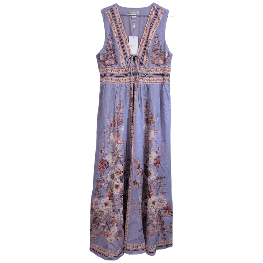 NWT CAROLINE CONSTAS Linen Blend Floral Lined Dress Large - Picture 2 of 5